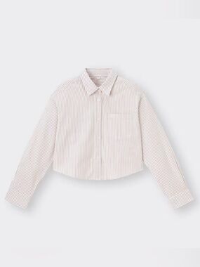 GU 🤎 Women’s 100% Cotton Oxford Striped Short Shirt BROWN / WHITE Small EUC